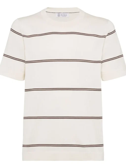 BRUNELLO CUCINELLI Ivory striped cotton knit T-shirt