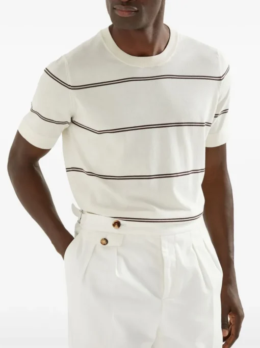 BRUNELLO CUCINELLI Ivory striped cotton knit T-shirt