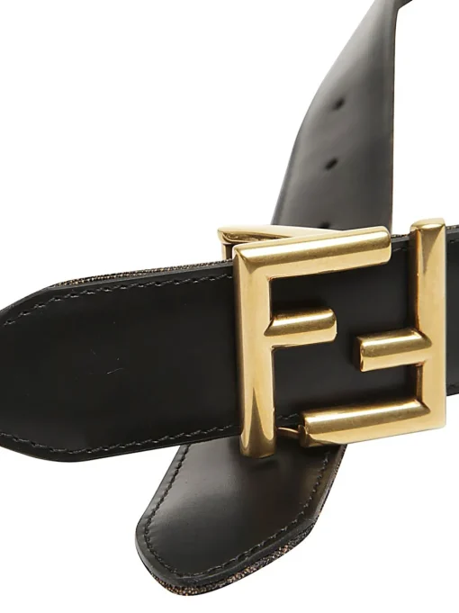FENDI Cintura FF Cintura reversibile in pelle nera e tessuto FF